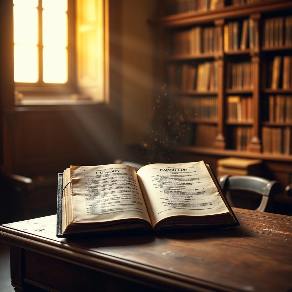 Antiguo libro de Derecho Canónico abierto sobre escritorio de madera, biblioteca vaticana